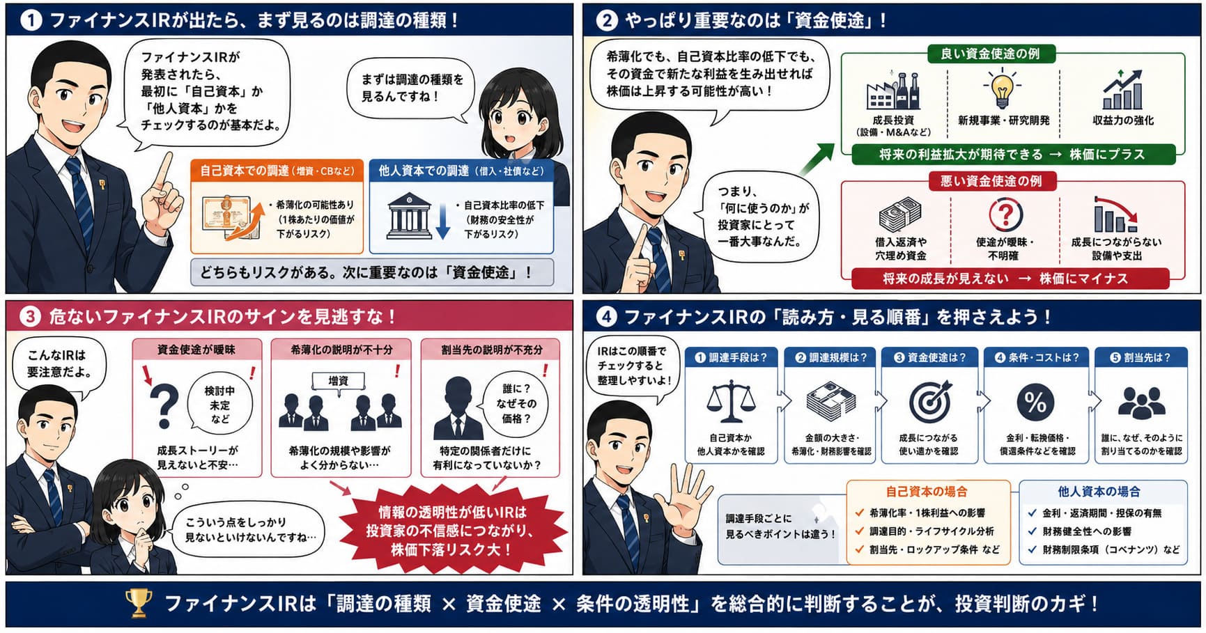 ファイナンスIRはどこを見るべきかを漫画形式にした画像