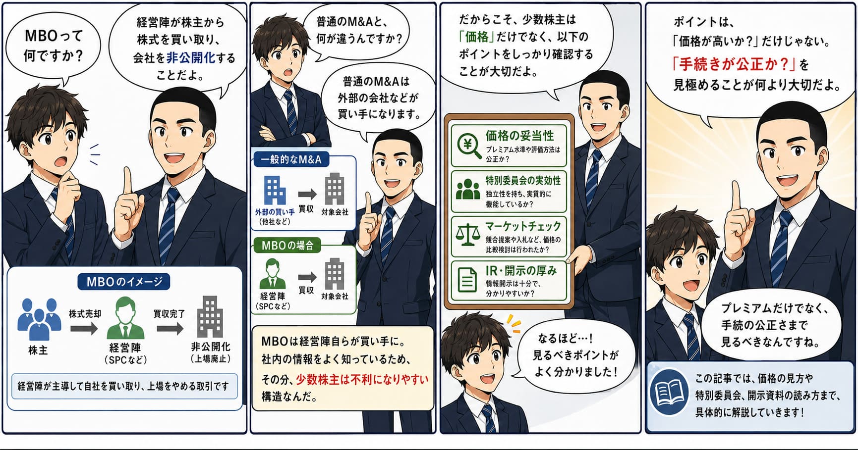MBOで少数株主が見るべきポイントについて価格・特別委員会・利益相反を実務的に解説した記事をイメージした漫画
