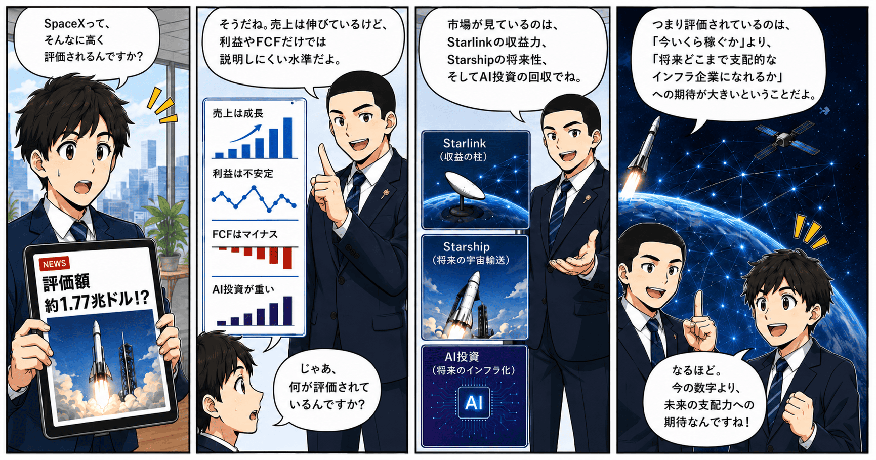 SpaceXはなぜ高く評価されるのかの記事を漫画化したイメージ画像