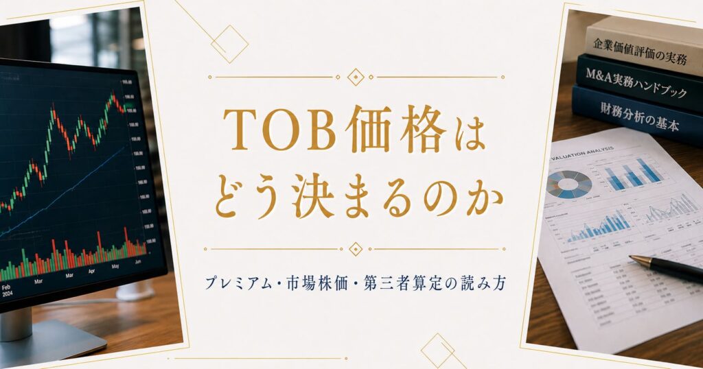 TOB価格はどう決まるのかを、事前交渉の有無、プレミアム型TOB、ディスカウントTOB、市場株価、第三者算定、特別委員会の関与まで含めて実務的に解説します。開示でよく出る〇か月平均や算定手法の見方まで分かる記事のサムネイル画像です。